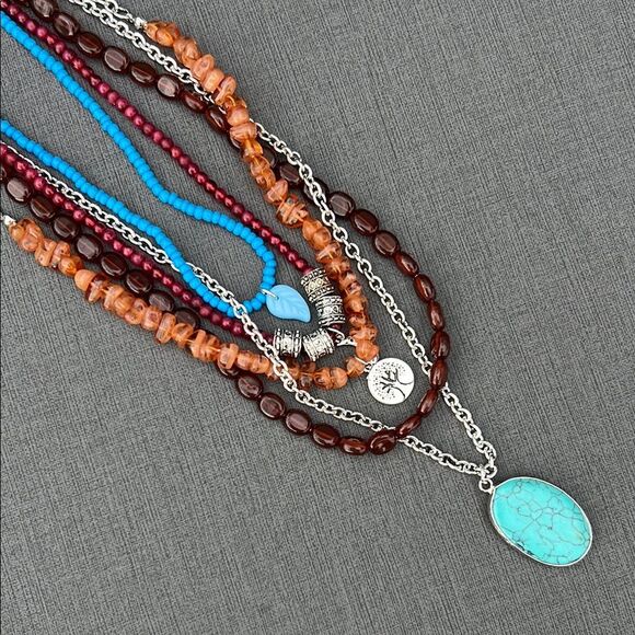 Women’s Multilayered Layer Turquoise and Silver Tree Leaf Brown Blue Necklace - Picture 5 of 9